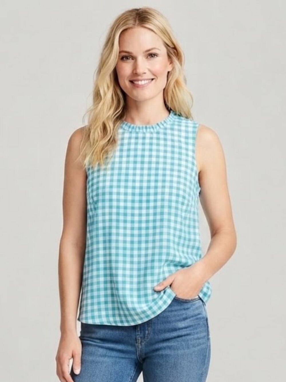 J. Crew Ruffle High Neck Cotton Swing Top Blue White Gingham Size M NWT